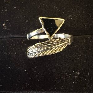 Silver Feather and Black Triangle Ring